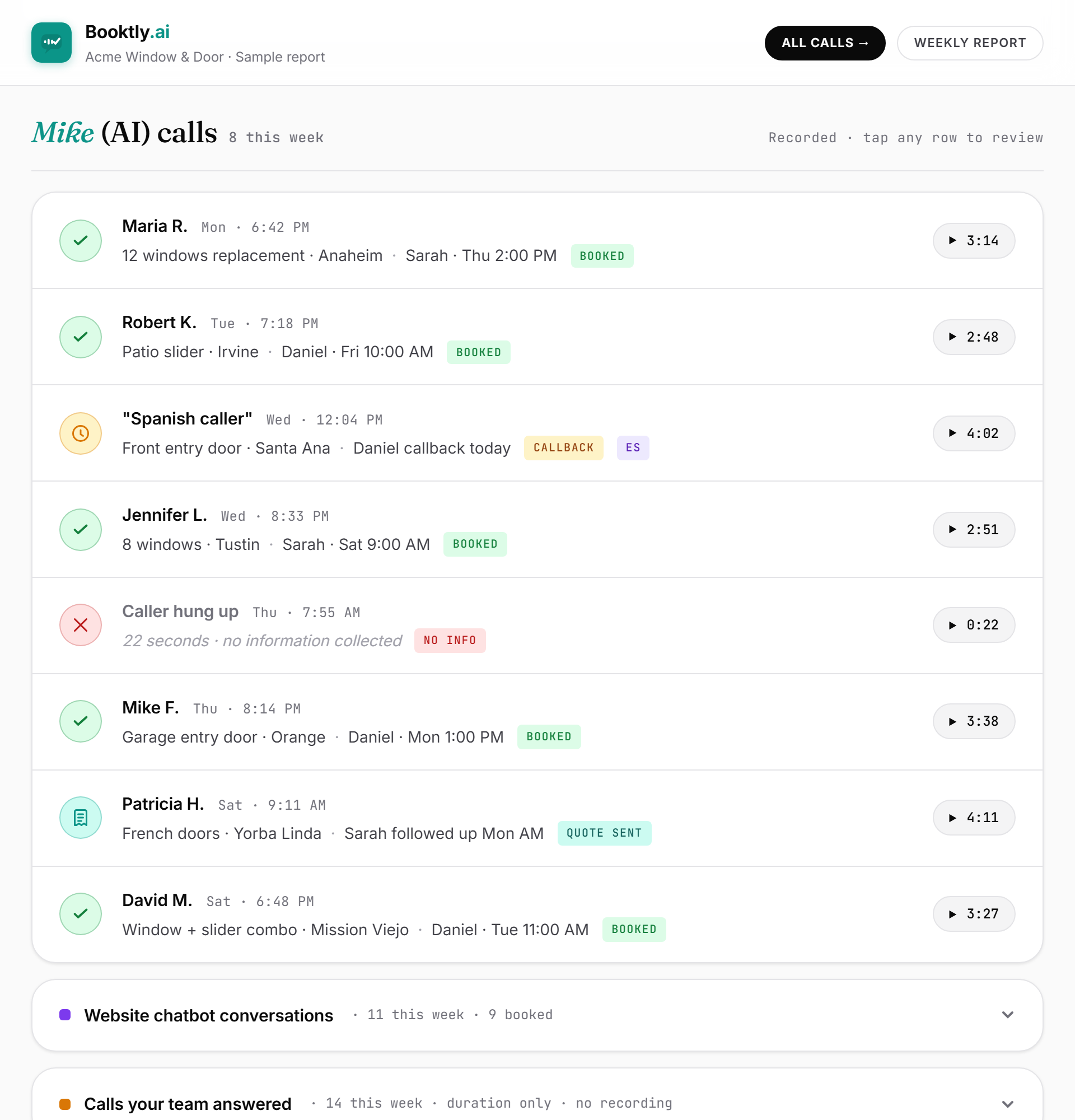 List of AI calls with caller name, job type, city, booked status, and recording playback